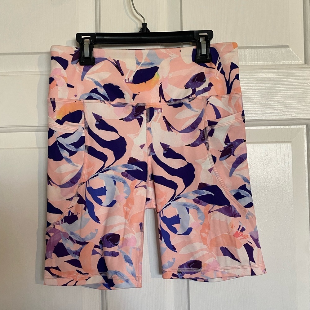 Bebe Sport Women's Bike Shorts Small Mulitcolor Print Logo Pull-On Stretch
